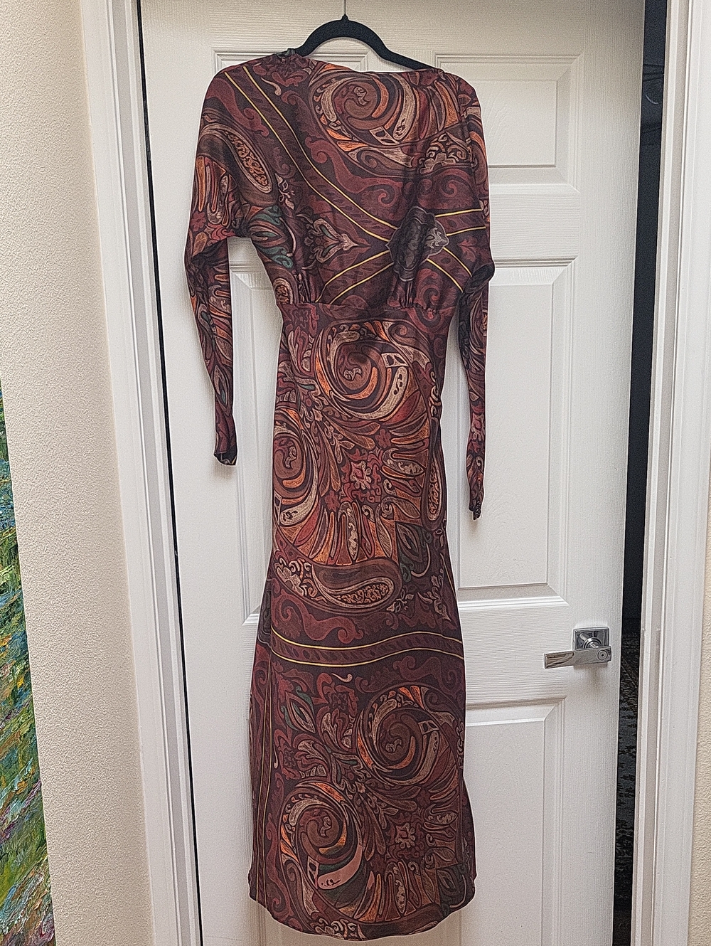European Zara Long Sleeve Paisley Maxi Dress in Brown, Rust and Gold Trim